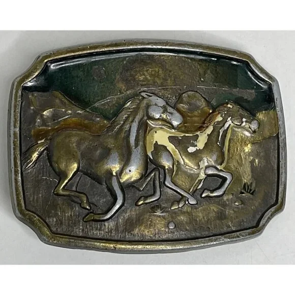 VINTAGE Wild Horses Solid Brass Belt Buckle Enamel U.S.A. Western Rustic Cowboy - Picture 5 of 10